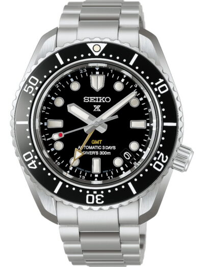 Seiko Prospex wristwatch with stainless steel case and bracelet, and black dial.