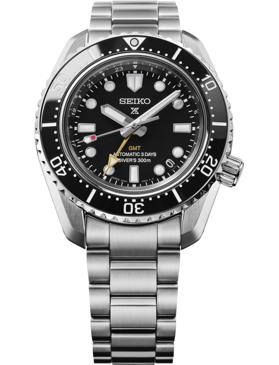 Front view of Seiko Prospex wristwatch with stainless steel case and bracelet, and black dial.
