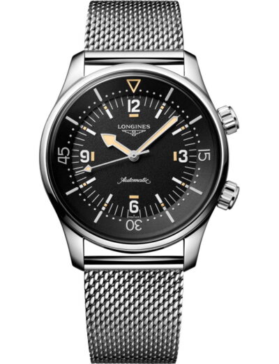Longines Legend Diver 59 wristwatch with stainless steel case and bracelet, and black grained dial.