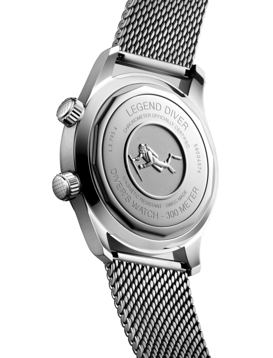 Back view of Longines Legend Diver 59 wristwatch with stainless steel case and bracelet, and black grained dial.