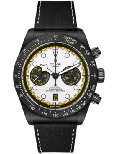 Tudor Black Bay Chrono "Carbon 26" wristwatch with black carbon case, white and black dial, and black rubber and leather strap.