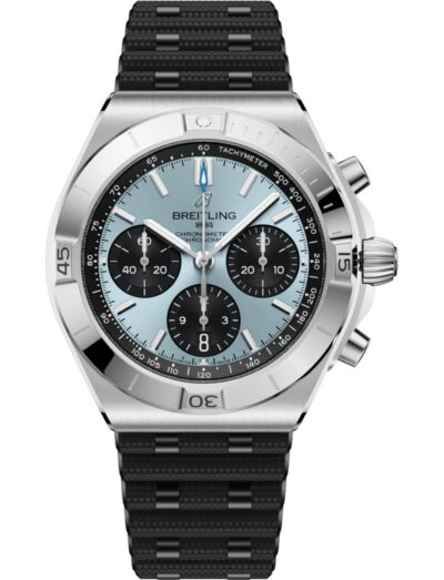 Breitling Chronomat B01 42 wristwatch with stainless steel case and platinum bezel, black rubber strap, and ice blue and black panda dial.