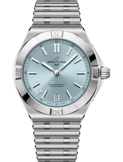 Breitling Chronomat B31 Automatic 40 wristwatch with stainless steel case and bracelet, platinum bezel, and ice blue dial.