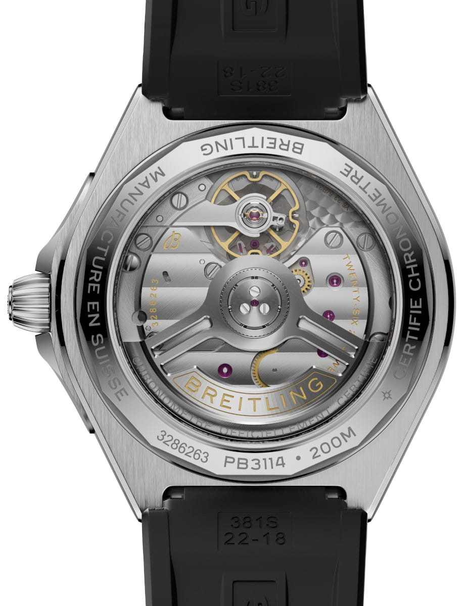 Back view of Breitling Chronomat B31 Automatic 40 wristwatch with stainless steel case with platinum bezel, and ice blue dial, and black rubber strap.