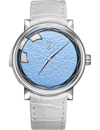 Parmigiani Fleurier Carillon Tourbillon 30th Anniversary with 18k white gold case, morning blue dial, and Akoya Grey alligator leather strap.
