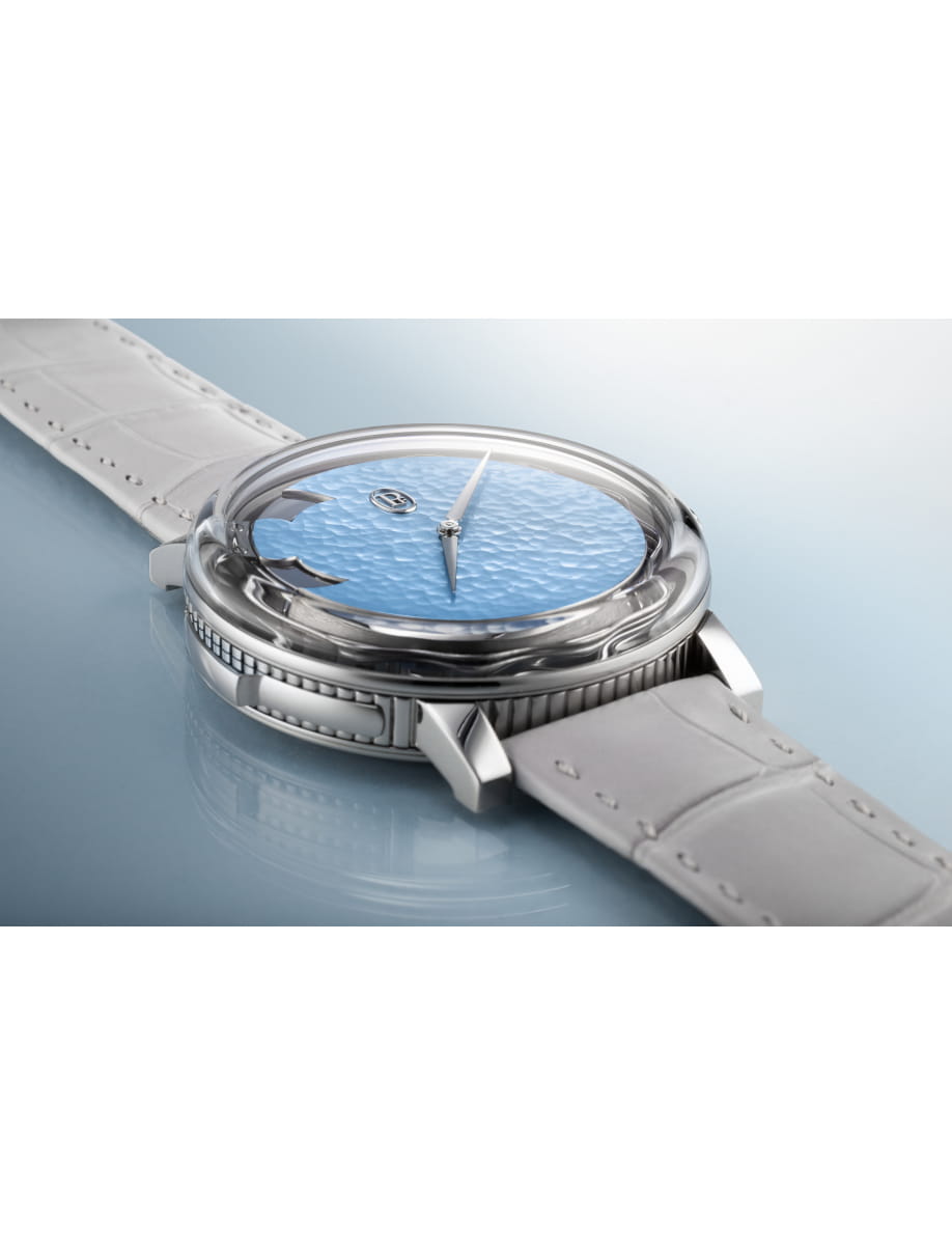 Side view of Parmigiani Fleurier Carillon Tourbillon 30th Anniversary with 18k white gold case, morning blue dial, and Akoya Grey alligator leather strap.