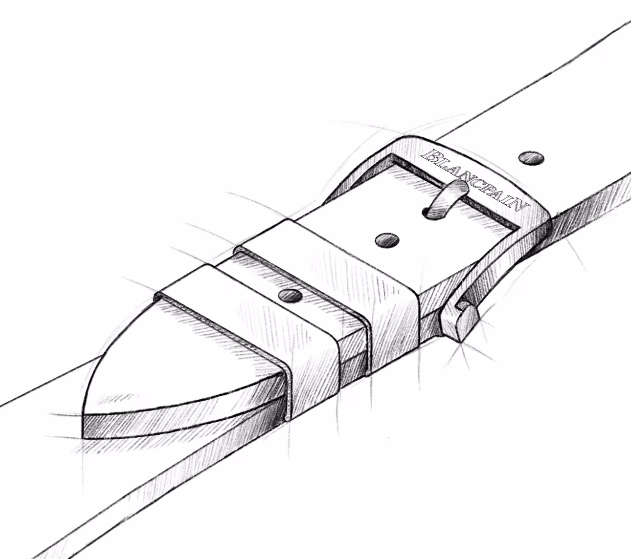 Hand-drawn sketch of a metal buckle with a strap threaded through and a pin securing it.