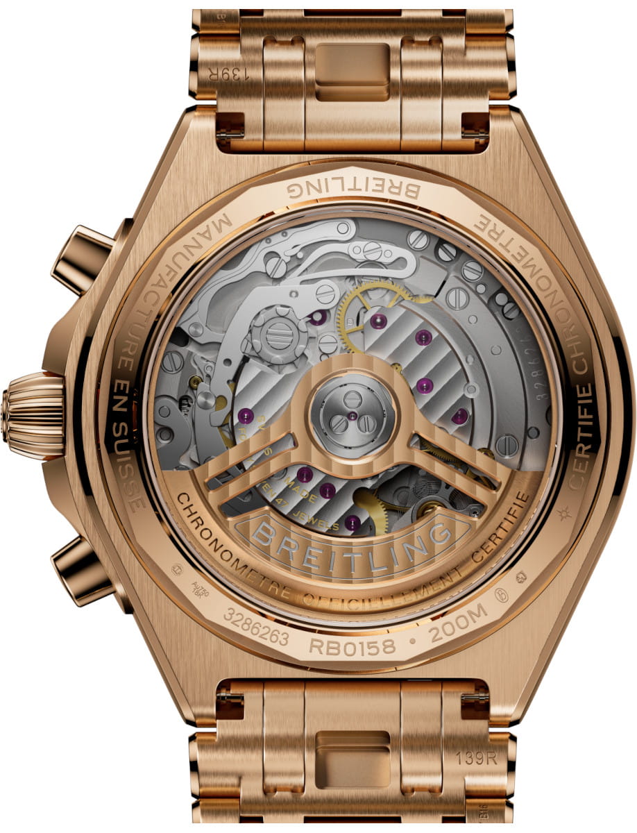 Back view of Breitling Chronomat B01 42 wristwatch with 18k red gold case and bracelet, and 