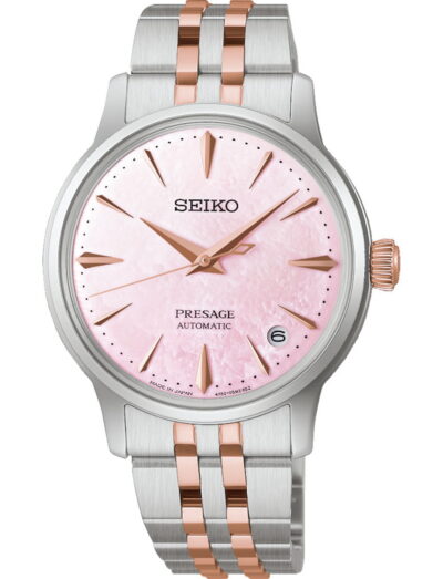 Seiko Presage Cocktail Time wristwatch with stainless steel case and bracelet, and pink mother of pearl dial.