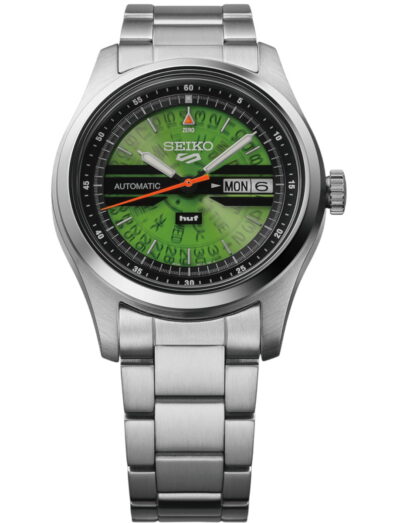 Seiko wristwatch with stainless steel case and bracelet and HUF green dial
