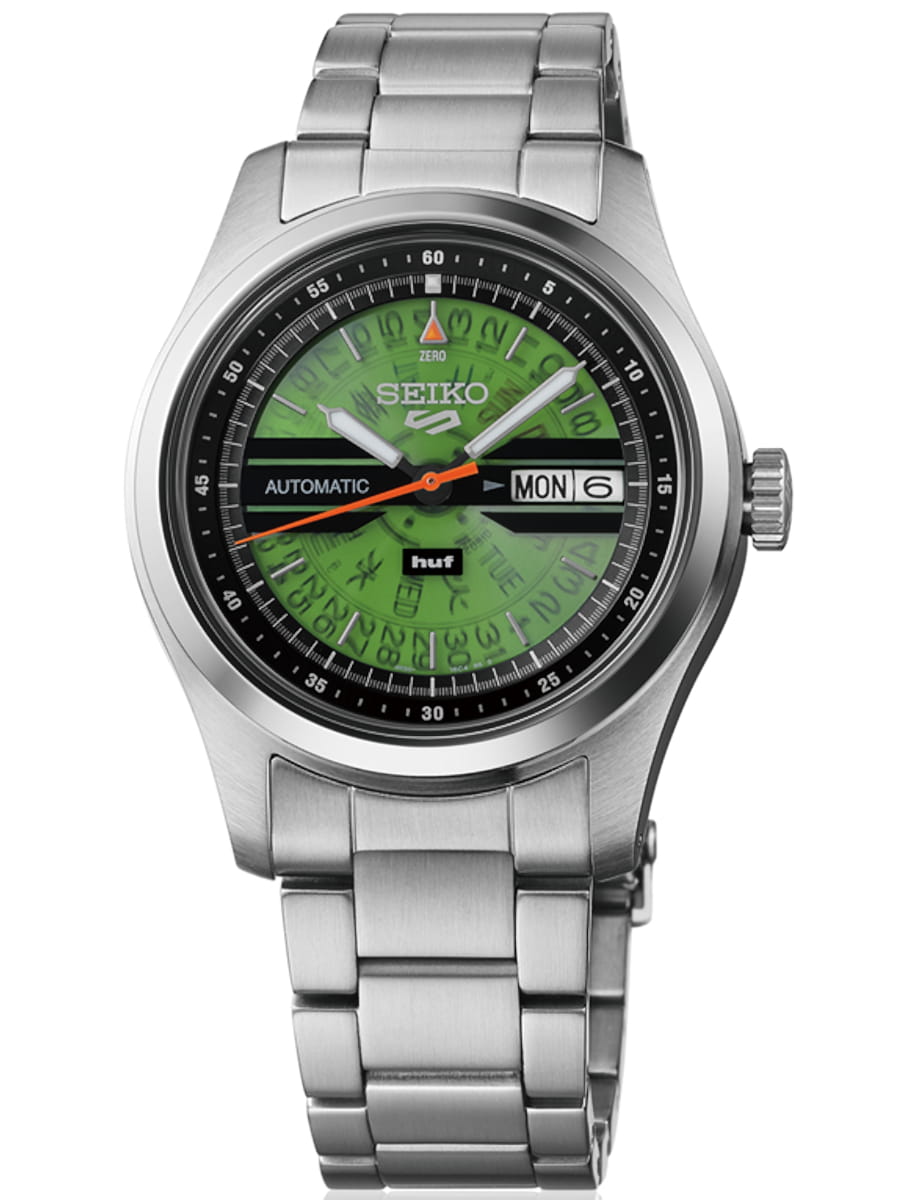 Front view of Seiko wristwatch with stainless steel case and bracelet and HUF green dial