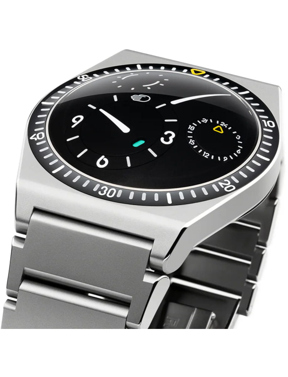 Front side view of Ressence TYPE 7 B wristwatch with Grade 5 titanium case and bracelet, and black dial.