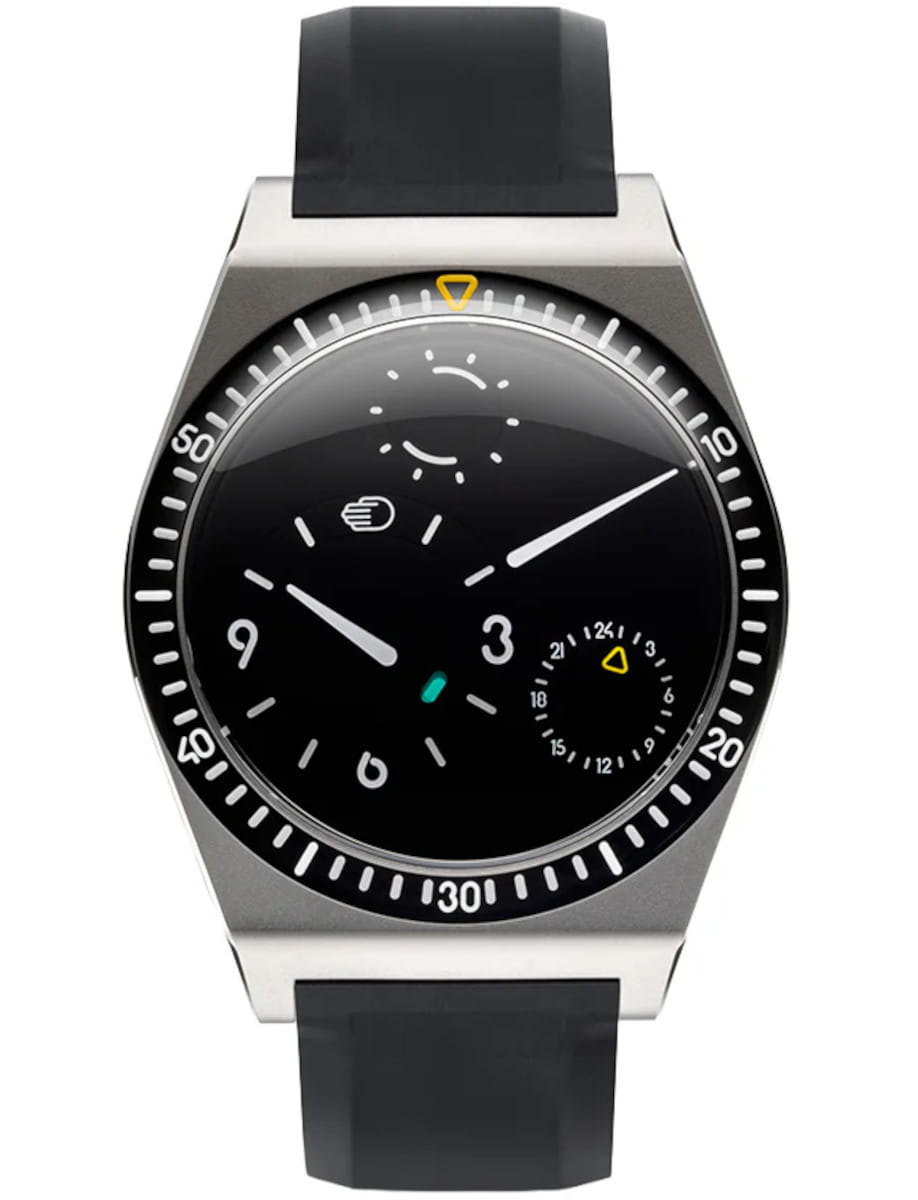 Ressence TYPE 7 B wristwatch with Grade 5 titanium case, black dial, and black rubber strap.