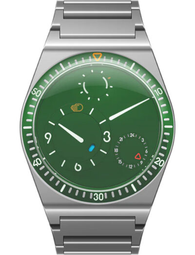 Ressence TYPE 7 B wristwatch with Grade 5 titanium case and bracelet, and green dial.