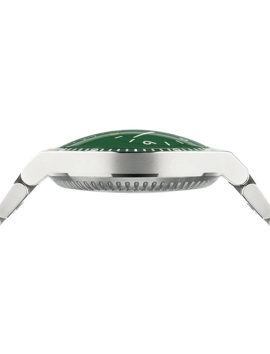 Side view of Ressence TYPE 7 B wristwatch with Grade 5 titanium case and bracelet, and green dial.