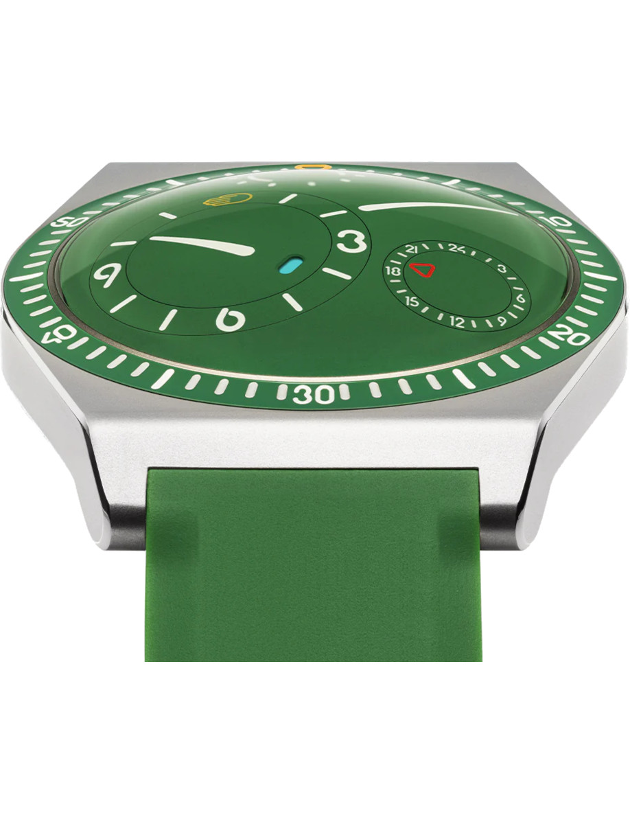 Front side view of Ressence TYPE 7 B wristwatch with Grade 5 titanium case and bracelet, and green dial.