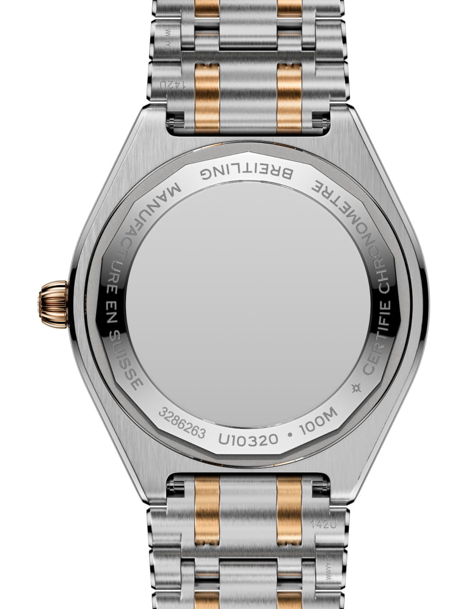Back view of Breitling Chronomat Automatic 36 wristwatch with stainless steel and gold case and bracelet, and white mother-of-pearl dial.