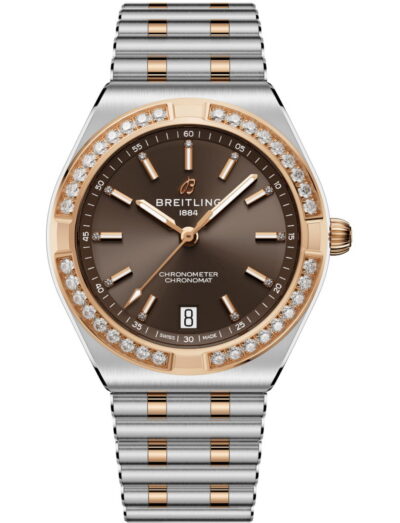 Breitling Chronomat Automatic 36 wristwatch with stainless steel and gold case and bracelet, 18k red gold diamond-set bezel, and brown mother-of-pearl dial.