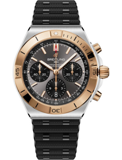 Breitling Chronomat B01 42 wristwatch with stainless steel case and 18k red gold bezel, black rubber strap, and anthracite panda dial.