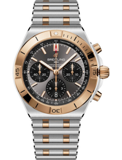 Breitling Chronomat B01 42 wristwatch with stainless steel and 18k red gold case and bracelet, and anthracite panda dial.