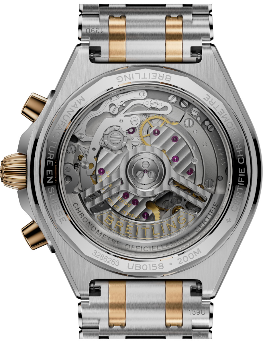 Back view of Breitling Chronomat B01 42 wristwatch with stainless steel and 18k red gold case and bracelet, and anthracite panda dial.