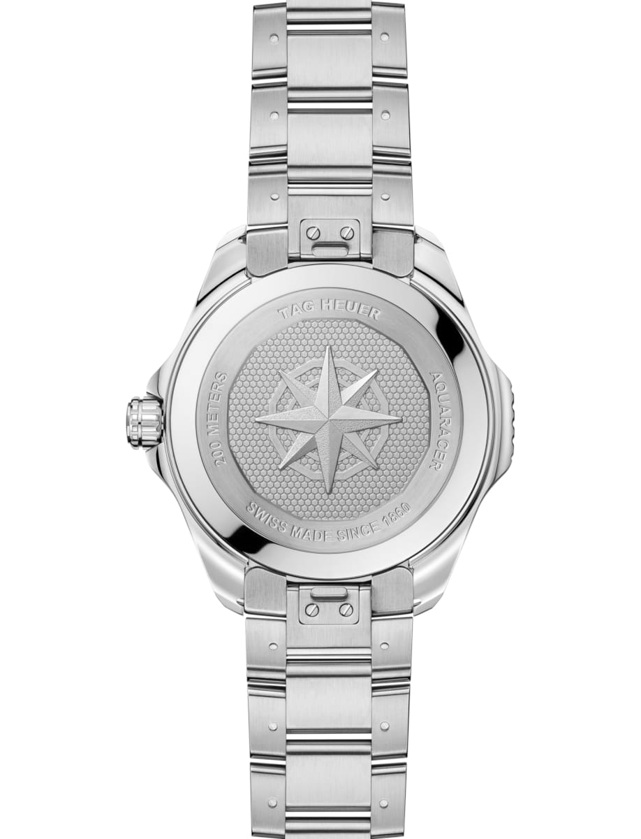 Back view of TAG Heuer wristwatch with stainless steel case and bracelet and blue dial