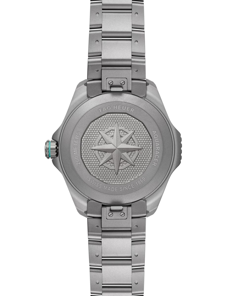 Back view of TAG Heuer wristwatch with titanium case and bracelet and black dial