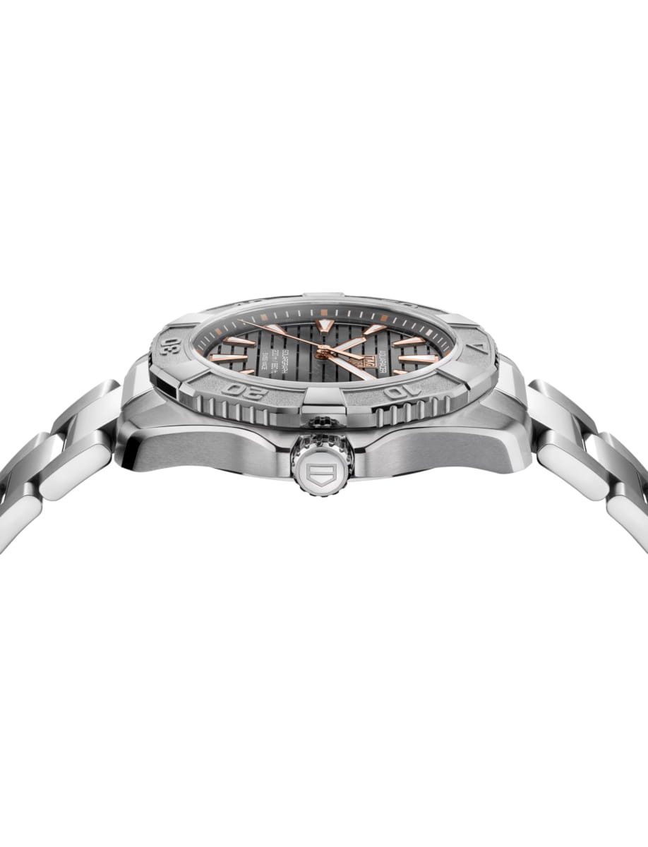 Side view of TAG Heuer wristwatch with titanium case and bracelet and grey dial
