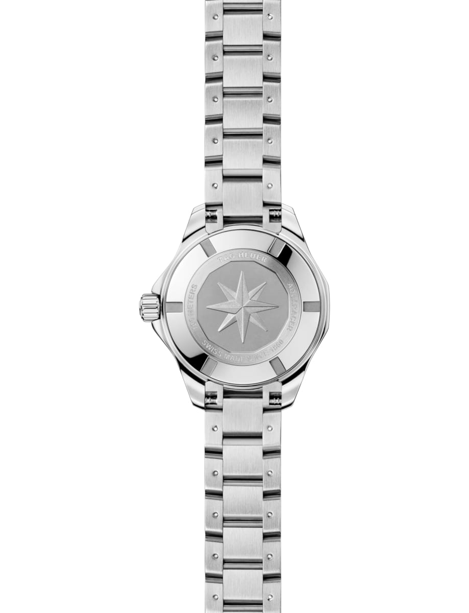 Back view of TAG Heuer wristwatch with stainless steel case and bracelet and blue dial
