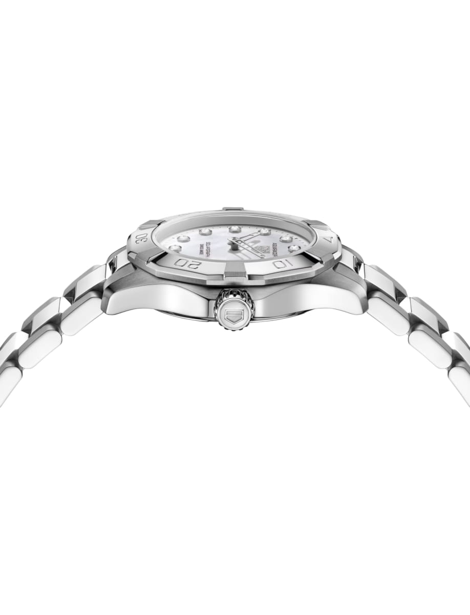 Side view of TAG Heuer wristwatch with stainless steel case and bracelet and white dial