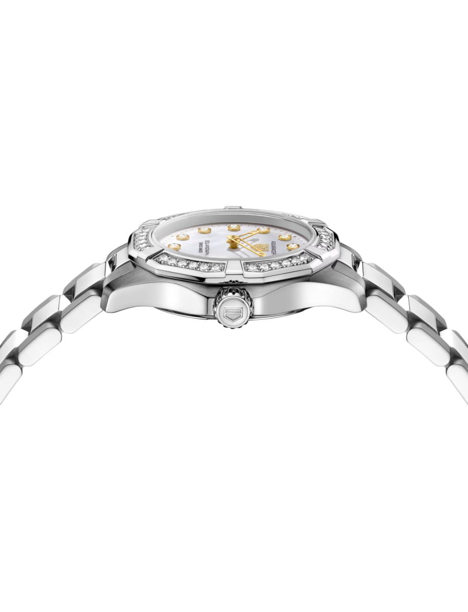 Side view of TAG Heuer wristwatch with stainless steel case and bracelet and white dial