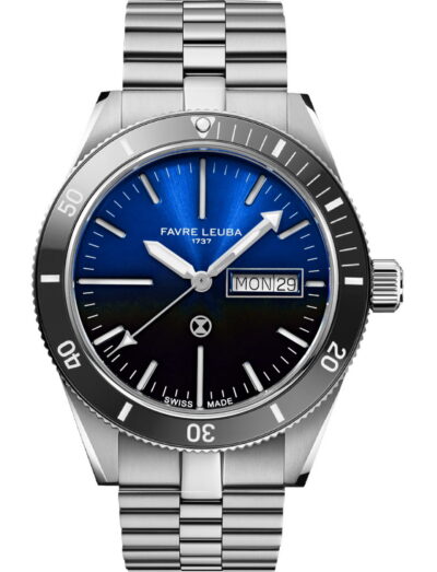 Favre Leuba wristwatch with stainlesss steel case and bracelet, and blue dial.