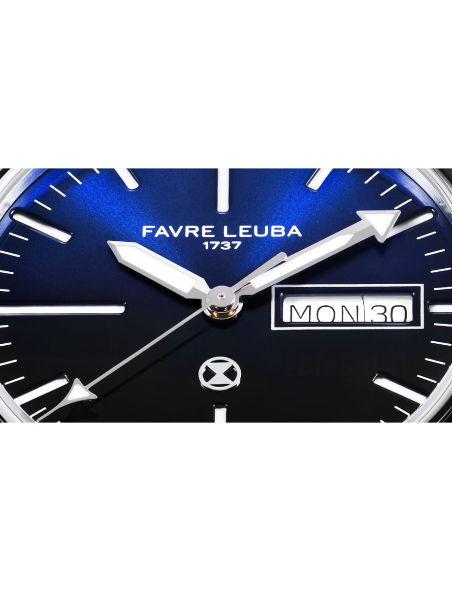 Close view of Favre Leuba wristwatch with stainlesss steel case and bracelet, and blue dial.