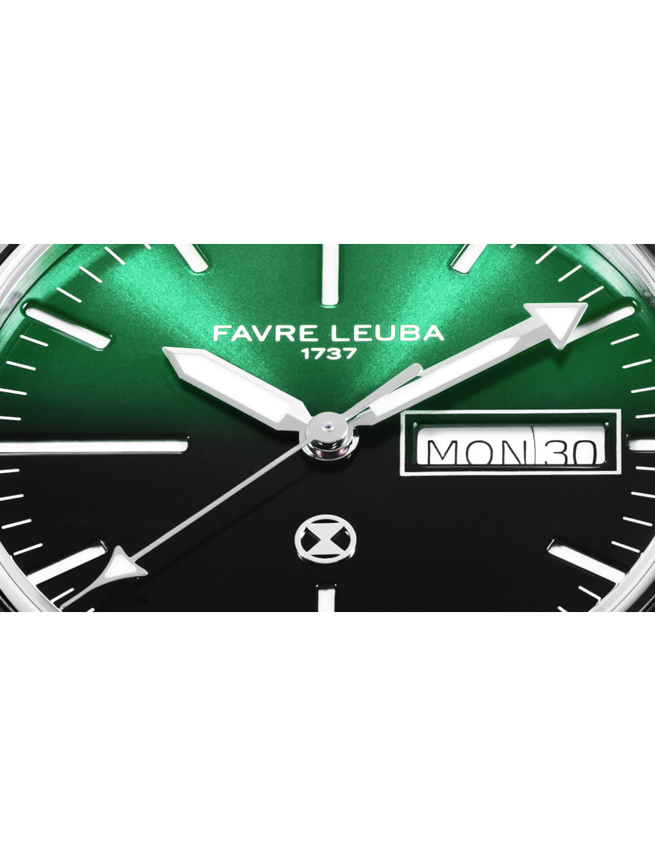 Close view of Favre Leuba wristwatch with stainlesss steel case and bracelet, and burgundy dial.