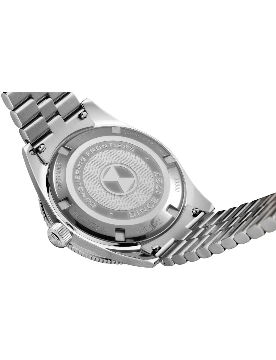 Back view of Favre Leuba wristwatch with stainlesss steel case and bracelet, and solid case back.
