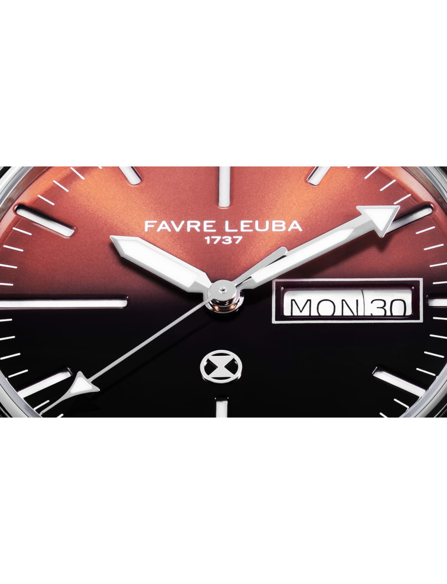 Close view of Favre Leuba wristwatch with stainlesss steel case and bracelet, and salmon dial.