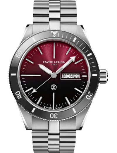 Favre Leuba wristwatch with stainlesss steel case and bracelet, and burgundy dial.