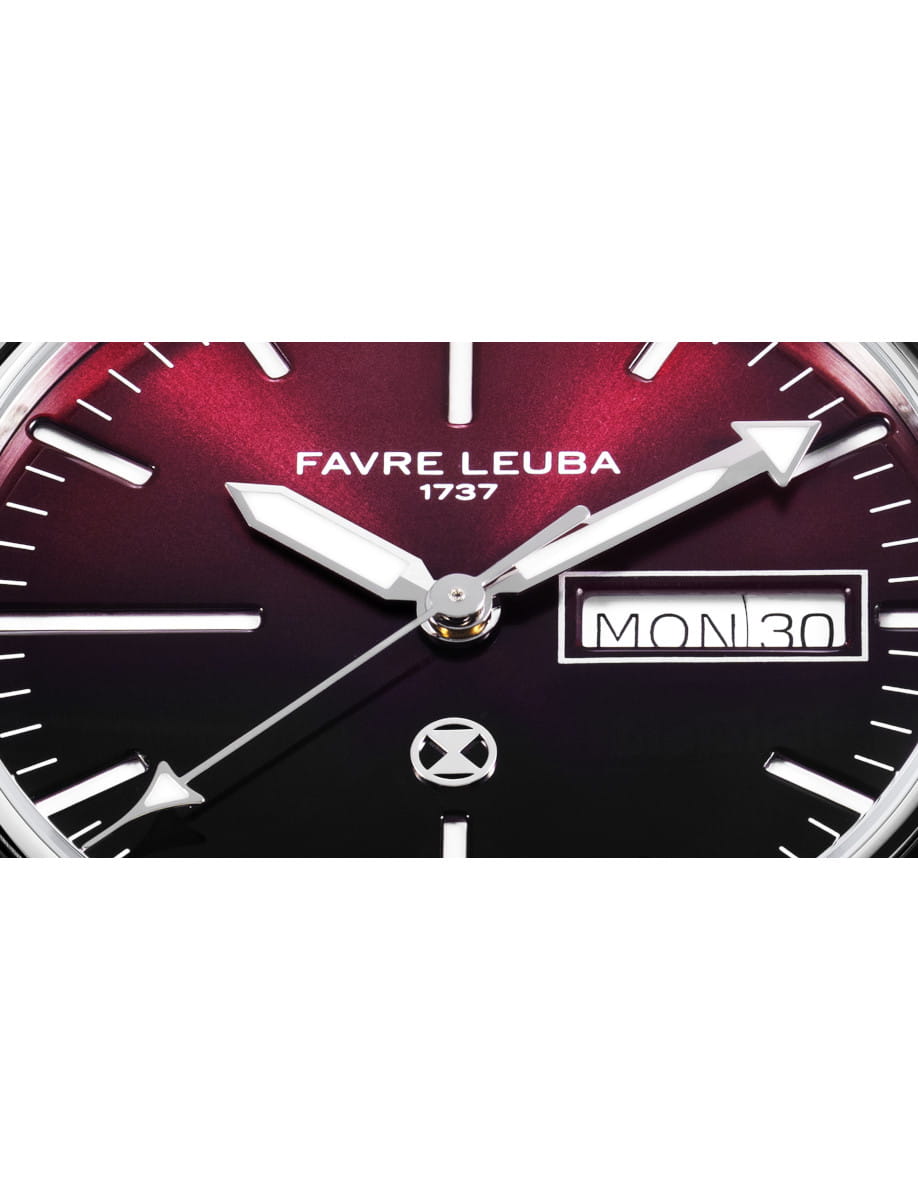 Close view of Favre Leuba wristwatch with stainlesss steel case and bracelet, and burgundy dial.