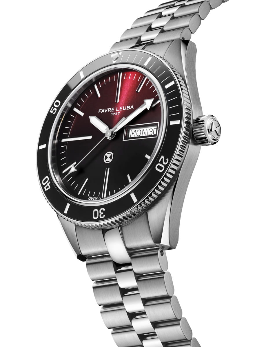 Side view of Favre Leuba wristwatch with stainlesss steel case and bracelet, and burgundy dial.