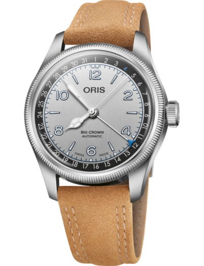 Oris Lou Gehrig Limited Edition wristwatch with stainless steel, silver dial, and brown leather strap.