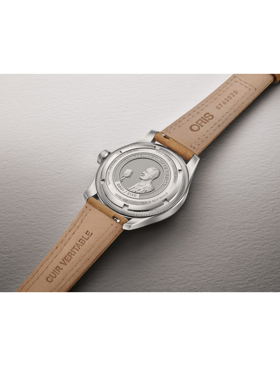 Back view of Oris Lou Gehrig Limited Edition wristwatch with stainless steel, solid case back, and brown leather strap.