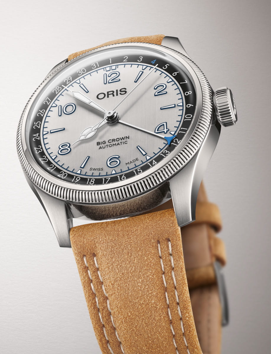 Side view of Oris Lou Gehrig Limited Edition wristwatch with stainless steel, silver dial, and brown leather strap.