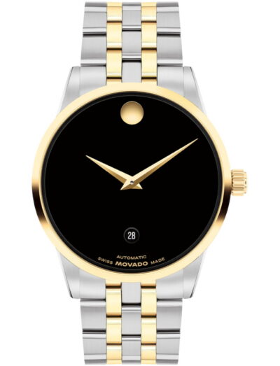 Movado wristwatch with stainless steel case and bracelet and black dial