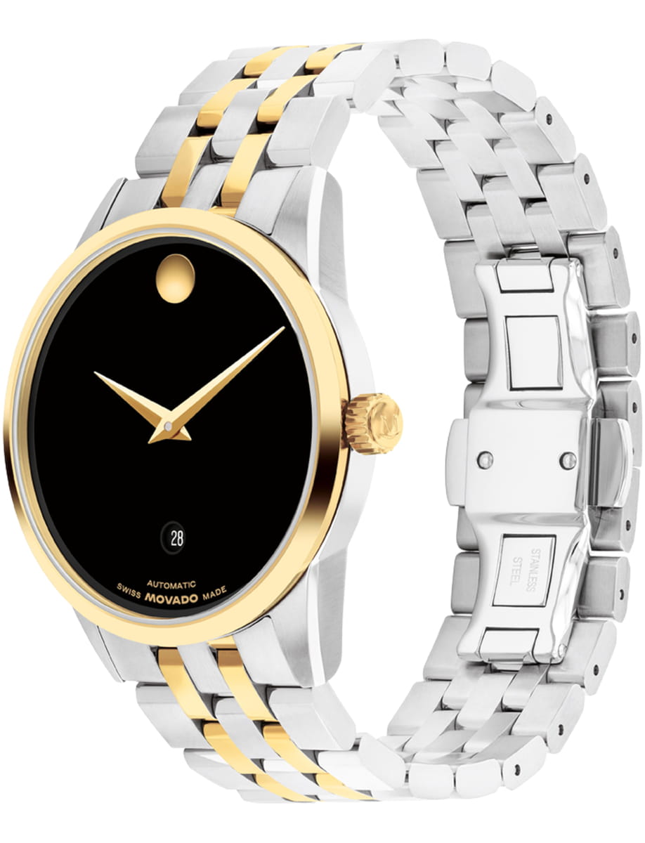 Side view of Movado wristwatch with stainless steel case and bracelet and black dial