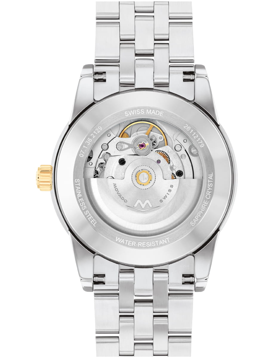 Back view of Movado wristwatch with stainless steel case and bracelet and black dial