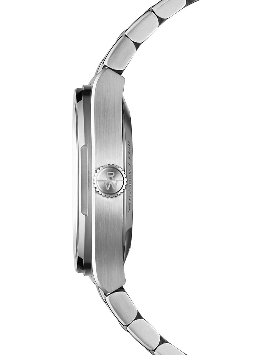Side view of Raymond Weil A.R.T. wristwatch with stainless steel case and bracelet, and graphite dial.