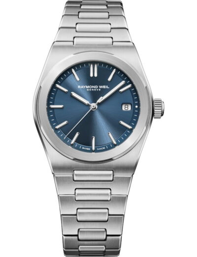 Raymond Weil A.R.T. wristwatch with stainless steel case and bracelet, and blue metallic dial.