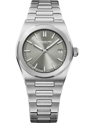 Raymond Weil A.R.T. wristwatch with stainless steel case and bracelet, and sage green dial.