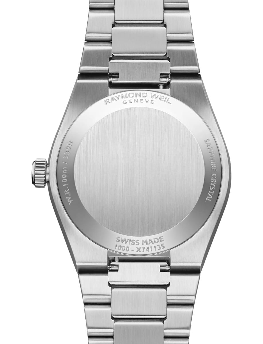 Back view of Raymond Weil A.R.T. wristwatch with stainless steel case and bracelet, and sage green dial.