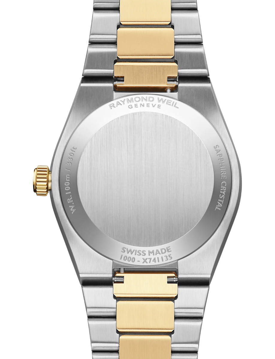 Back view of Raymond Weil A.R.T. wristwatch with stainless steel with yellow gold PVD plating case and bracelet, and graphite dial.